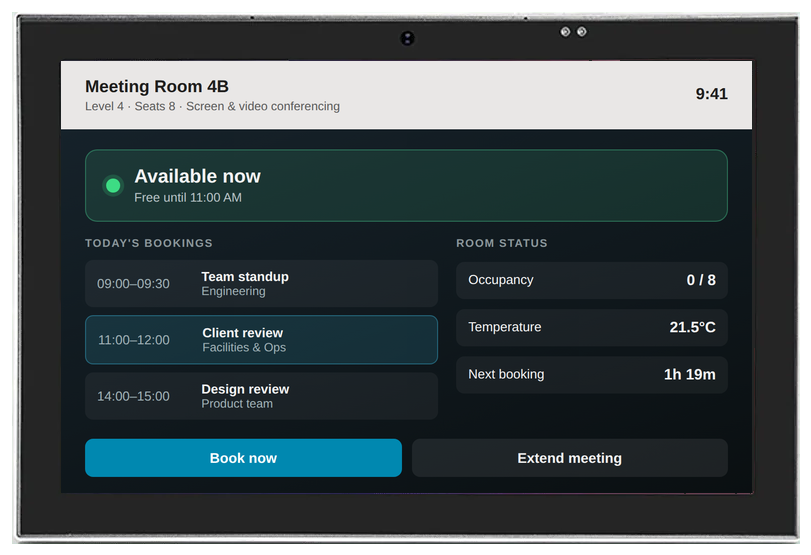 CT-10 panel showing a meeting room booking screen with availability status, today's bookings and room status