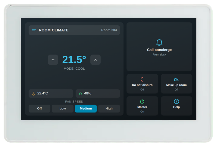 CT-7 panel showing a room control screen with climate, call concierge, do not disturb, make up room, master power and help